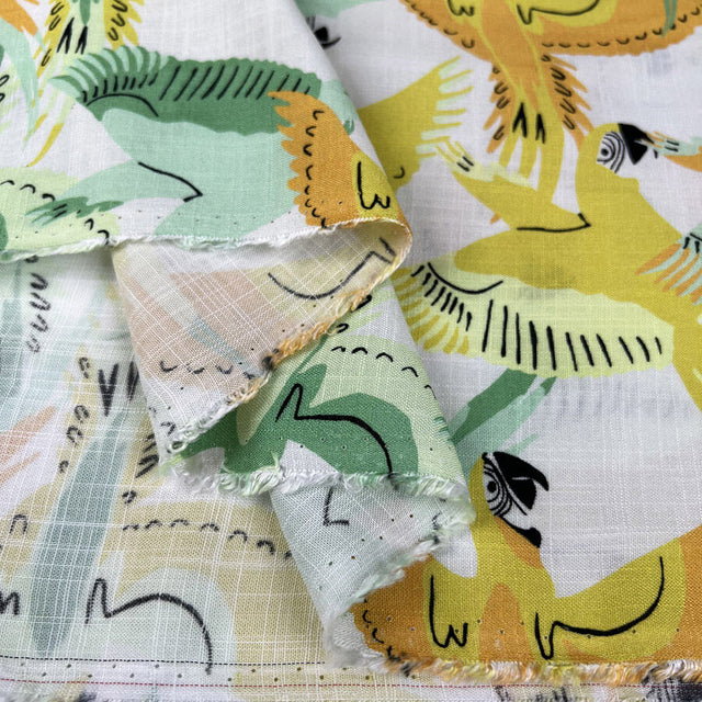 Parrot Song White Bird Print Viscose Yellow Green Dress Fabric Fold