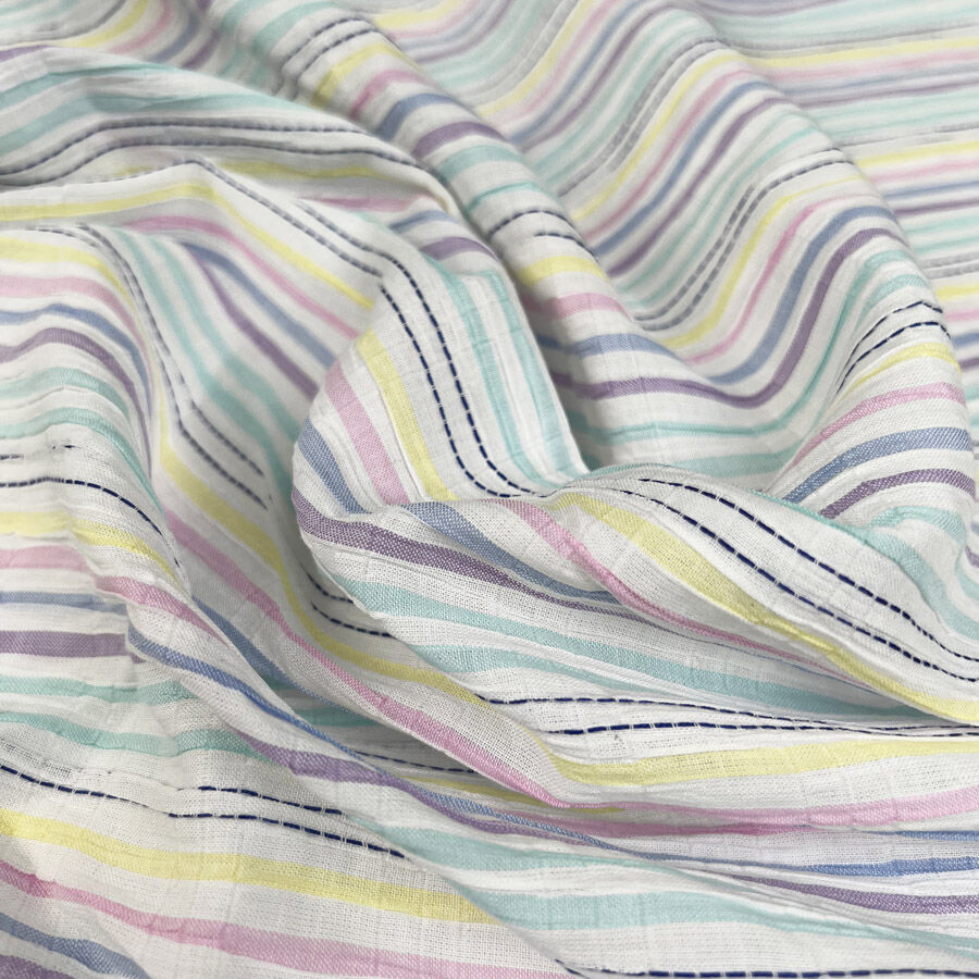 Pastel Rainbow Seersucker Cotton Polyester Lycra Stripe Woven Dress Fabric