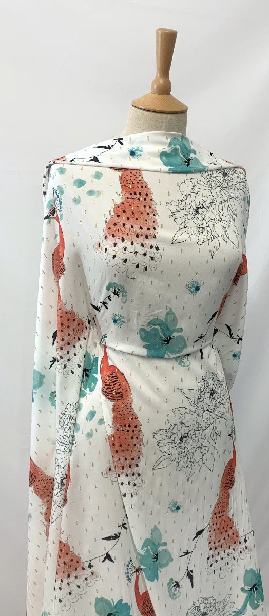 Peacock Lawn Printed Viscose Lawn With Metalic Yarn Red White Teal Black Gold Dress