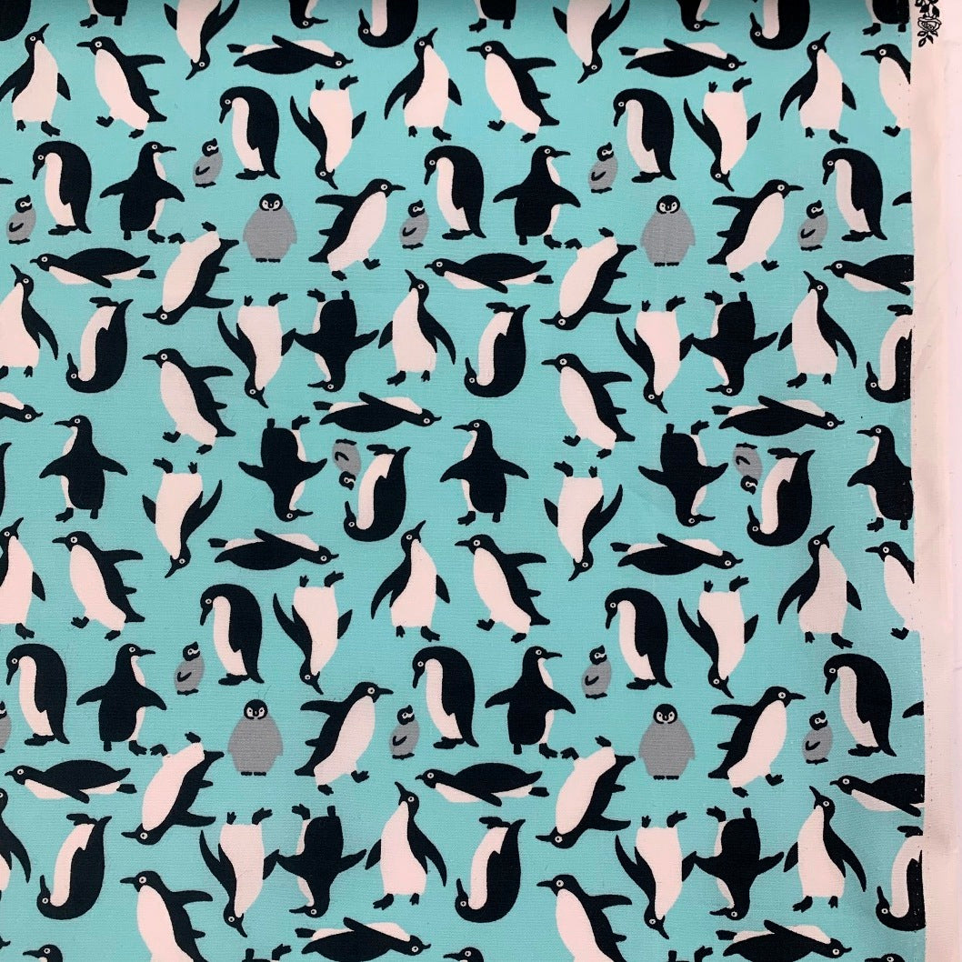 Penguin Fabric Poplin Print Happy Feet Turquoise F