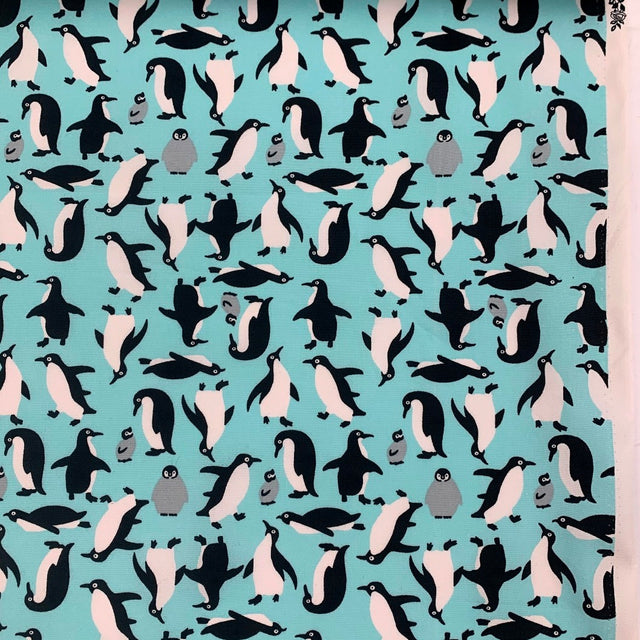 Penguin Fabric Poplin Print Happy Feet Turquoise F