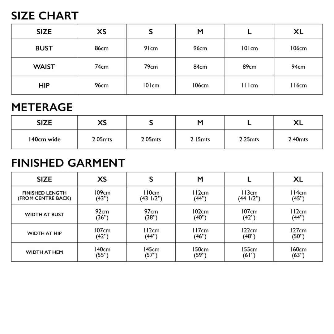 Pia Dress Pattern Tessuti Size Chart
