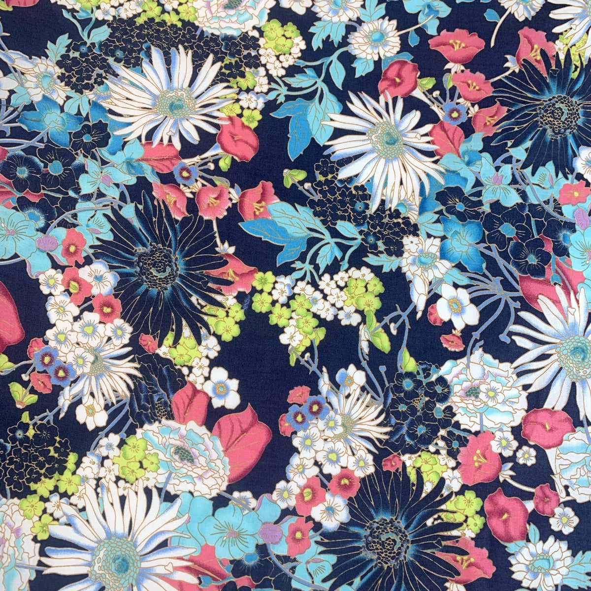 Pima Cotton Lawn Flourishing Floral Navy Colourful Flowers Pattern
