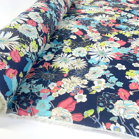 Pima Cotton Lawn Flourishing Floral Navy Colourful Flowers Roll