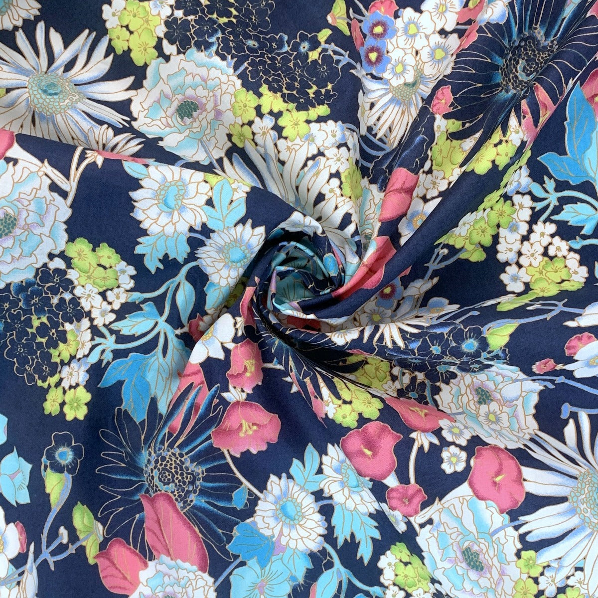 Pima Cotton Lawn Flourishing Floral Navy Colourful Flowers Swirl