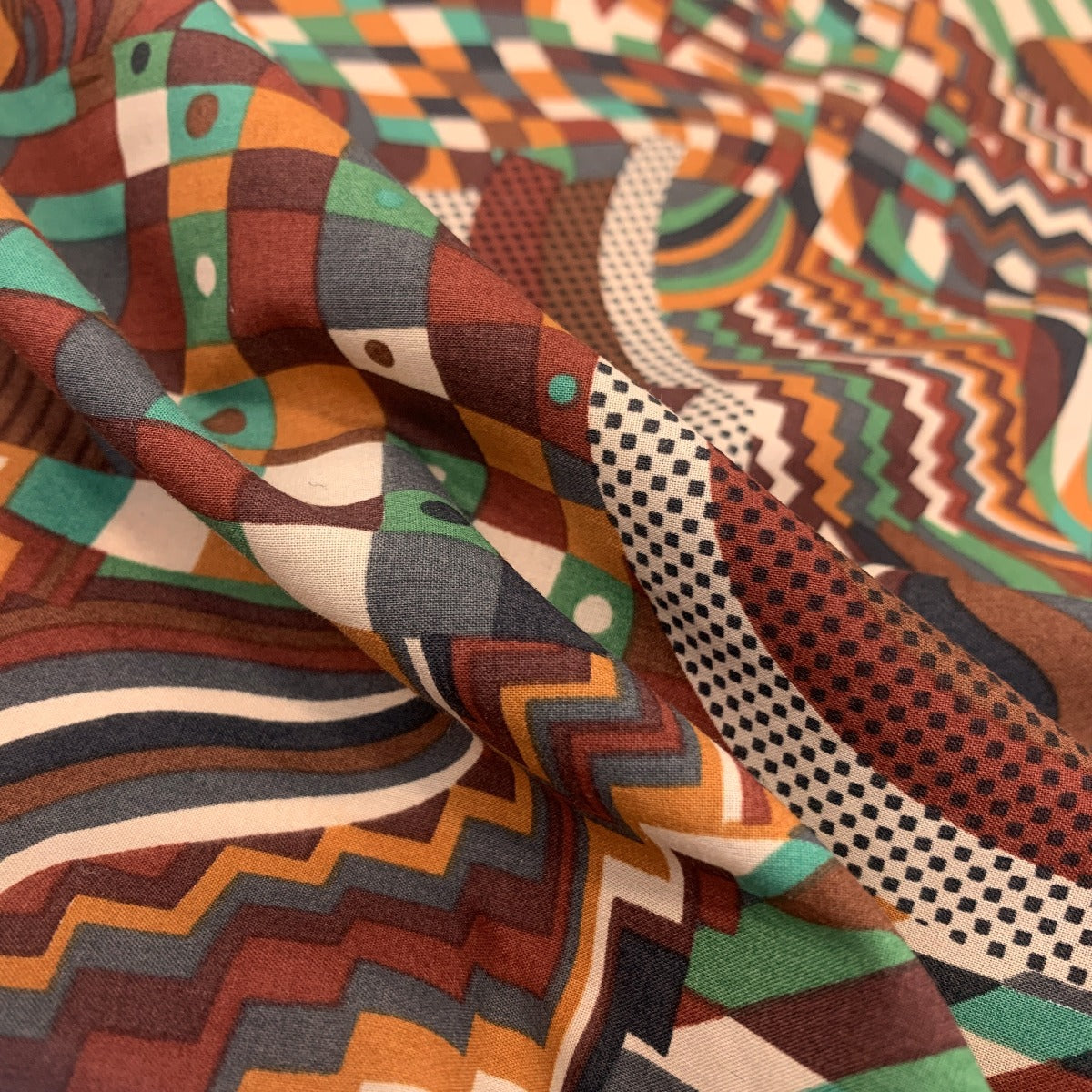 Pima Cotton Lawn Gustav Brown Abstract Dress Fabric Brown Green Nude Orange Fold