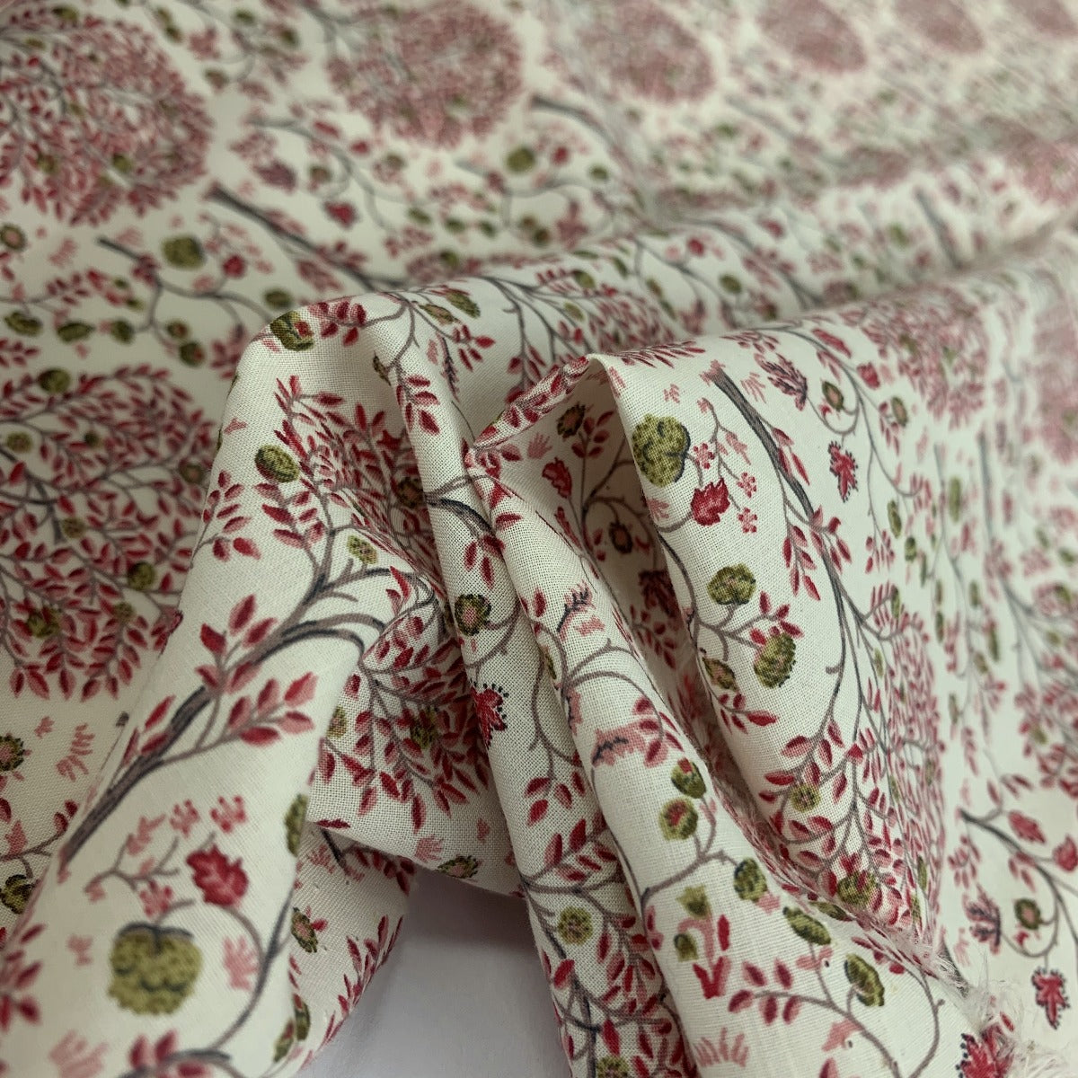 Pima Cotton Lawn Red Pink Beige Cream Trees Fold