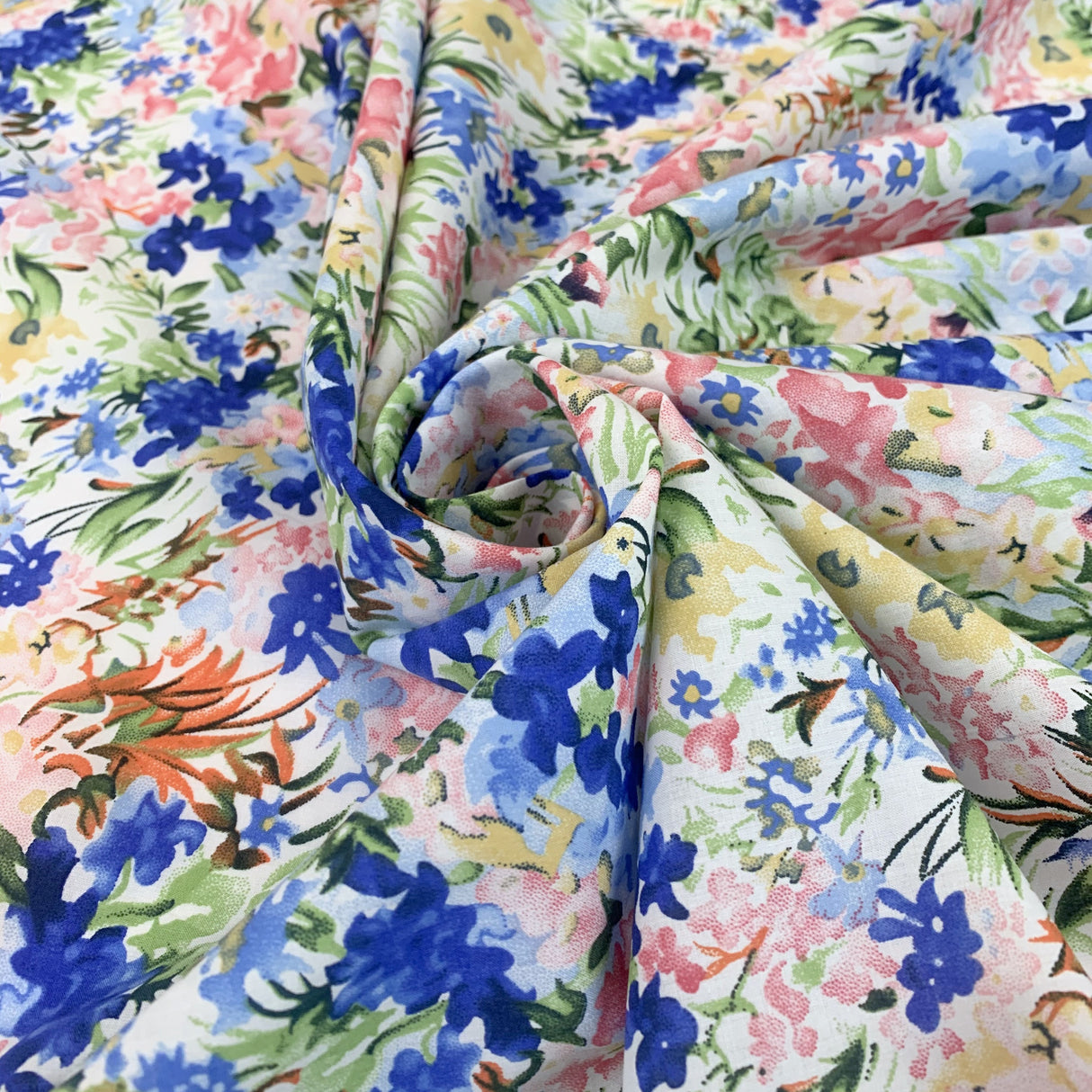 Pima Cotton Lawn Tiffany Floral Pink Roual Blue Yellow Cotton Lawn Fabric Cu