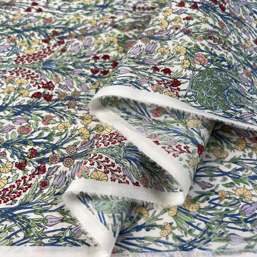 Pima Cotton Lawn Cottage Trail Multicoloured White Floral Dress Fabric Fold