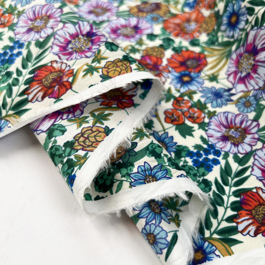 Pima Cotton Lawn Ellen Floral Multicoloured Cream Dress Fabric Fold