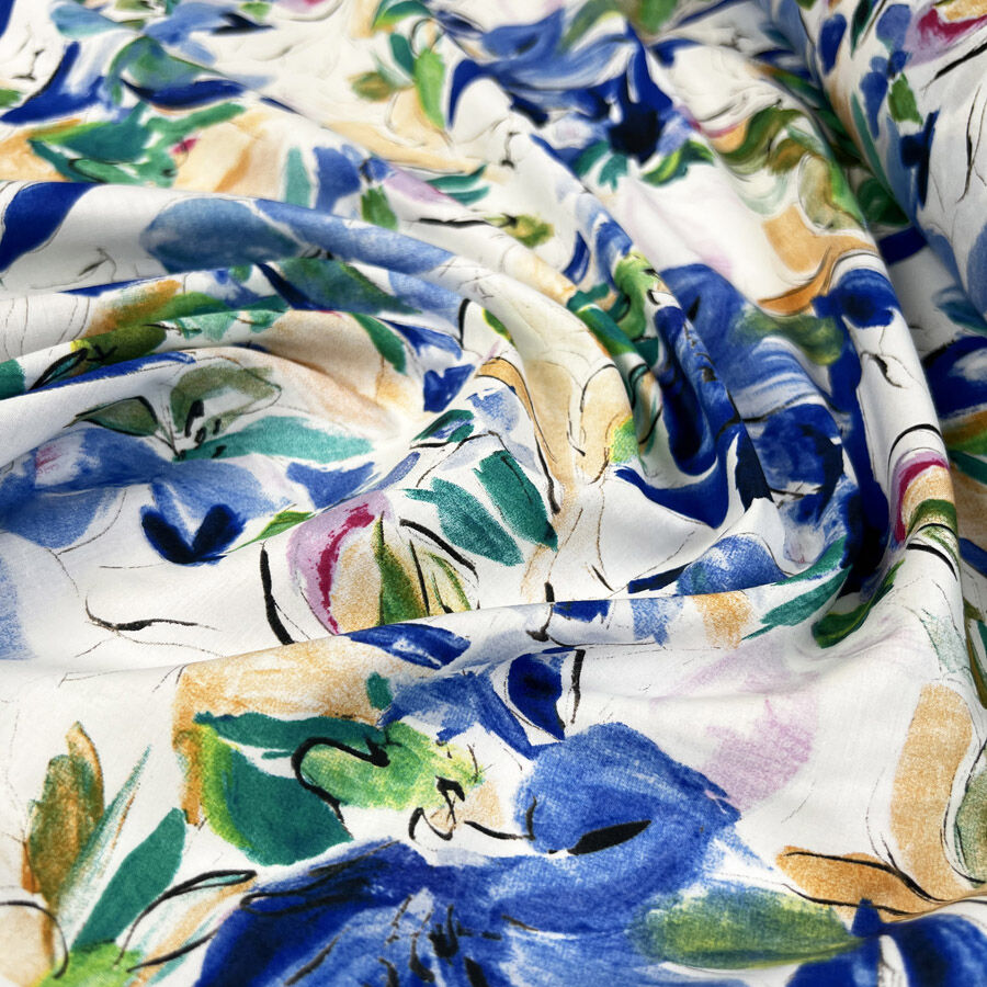 Pima Cotton Lawn Floral Art Woven Blue White Dress Fabric