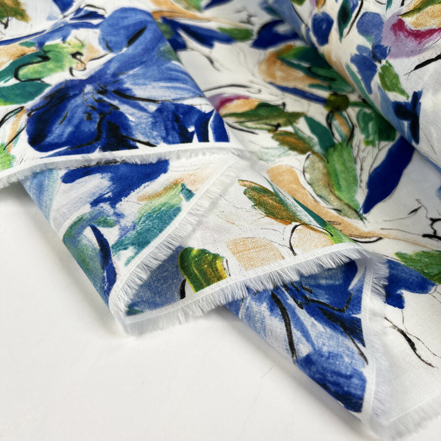 Pima Cotton Lawn Floral Art Woven Blue White Dress Fabric Fold