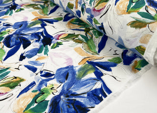 Pima Cotton Lawn Floral Art Woven Blue White Dress Fabric Roll