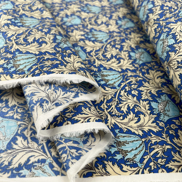 Pima Cotton Lawn Folk Garden Blue Floral Cream Woven Dress Fabric Fold