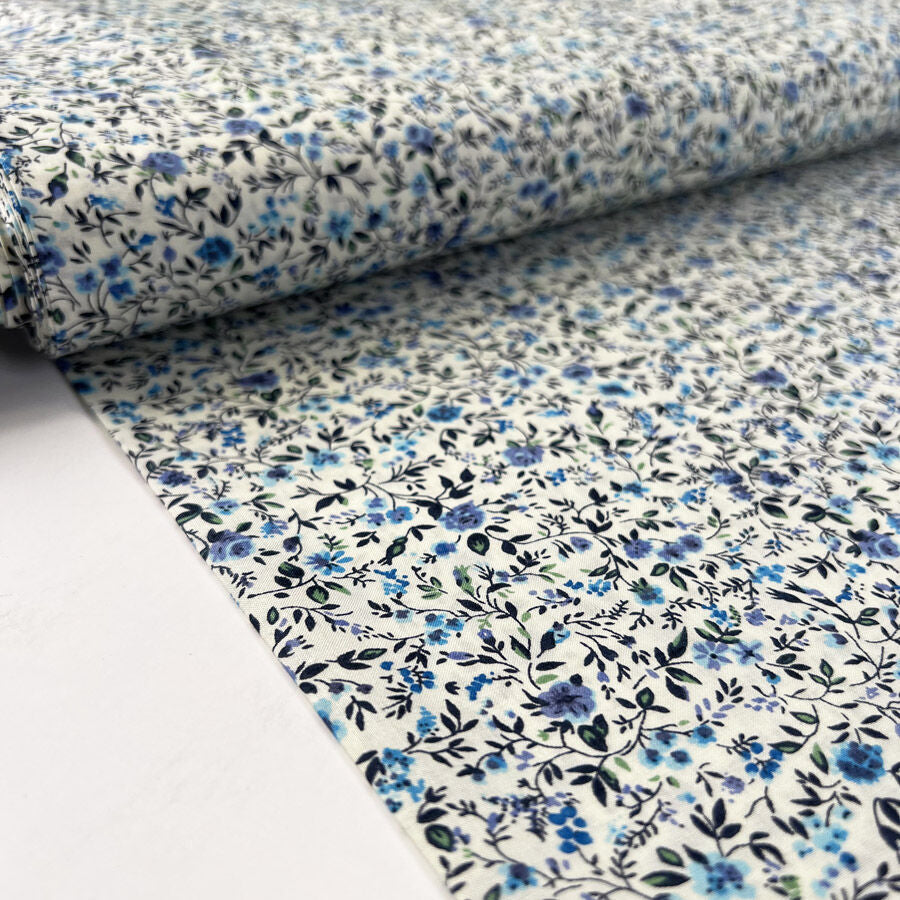 Pima Cotton Lawn Forget Me Nots Cream Blue Floral Dress Fabric Bolt