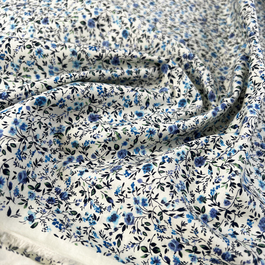 Pima Cotton Lawn Forget Me Nots Cream Blue Floral Dress Fabric