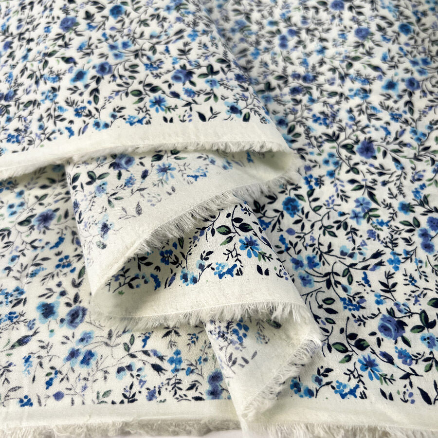 Pima Cotton Lawn Forget Me Nots Cream Blue Floral Dress Fabric Fold