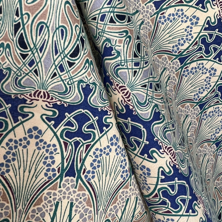 Pima Cotton Lawn Jade Vine Vintage Blue Abstract Dress Fabric Hang