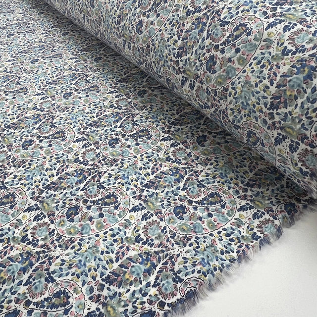 Pima Cotton Lawn Lana Blue Paisley Floral Woven Summer Dress Fabric Roll