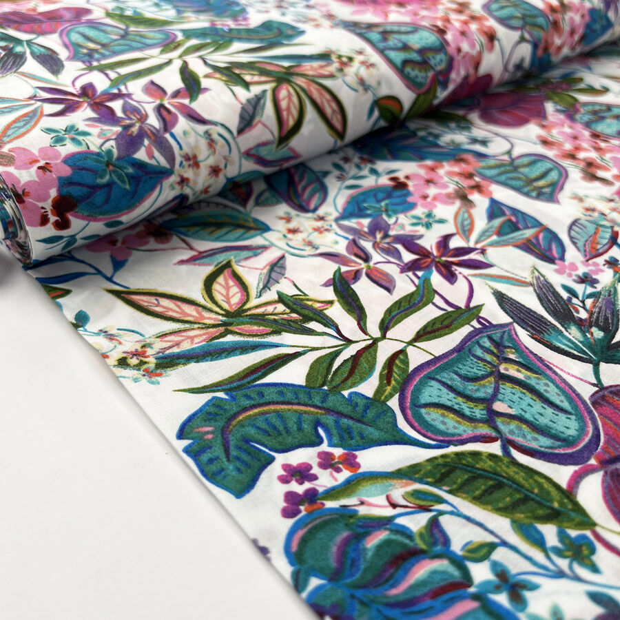 Pima Cotton Lawn Paradise White Floral Pink Blue Leaf Print Dress Fabric Bolt