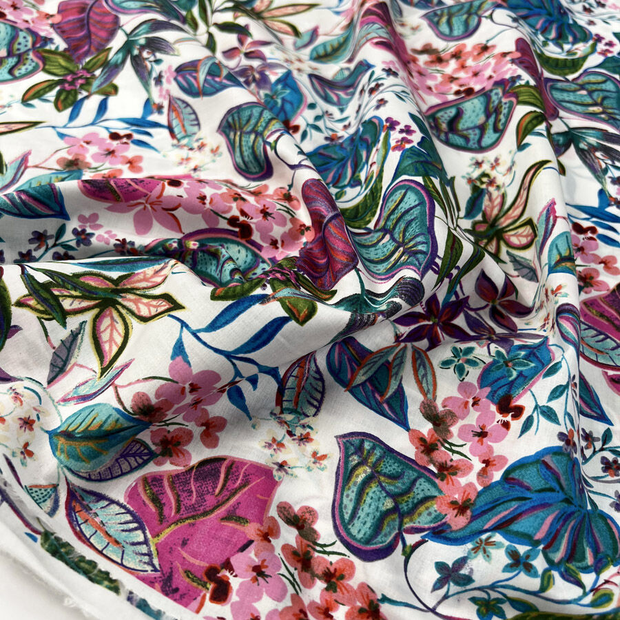 Pima Cotton Lawn Paradise White Floral Pink Blue Leaf Print Dress Fabric