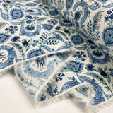 Pima Cotton Lawn Raj Blue Woven Paisley Floral White Dress Fabric Fold