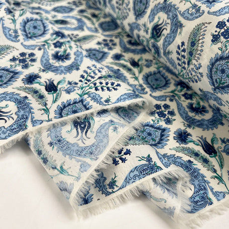 Pima Cotton Lawn Raj Blue Woven Paisley Floral White Dress Fabric Fold