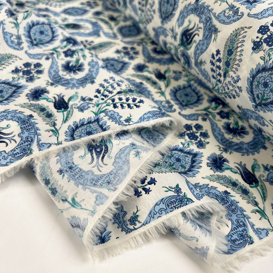 Pima Cotton Lawn Raj Blue Woven Paisley Floral White Dress Fabric Fold D1C8B022 8A0B 42B4 9422 4092E9D7A190