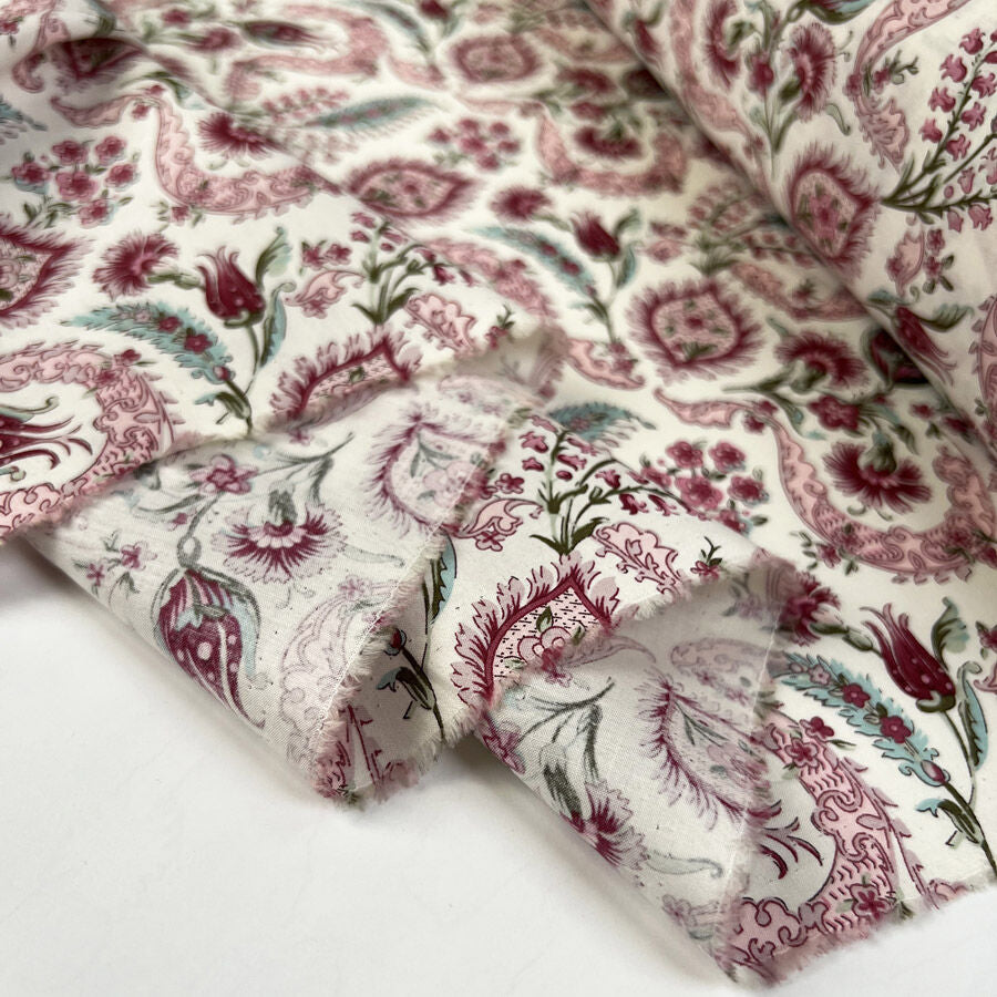 Pima Cotton Lawn Raj Pink Woven Paisley Floral White Dress Fabric Fold