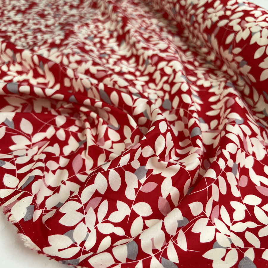 Pima Cotton Lawn Tayla Red White Leaf Print Dress Fabric