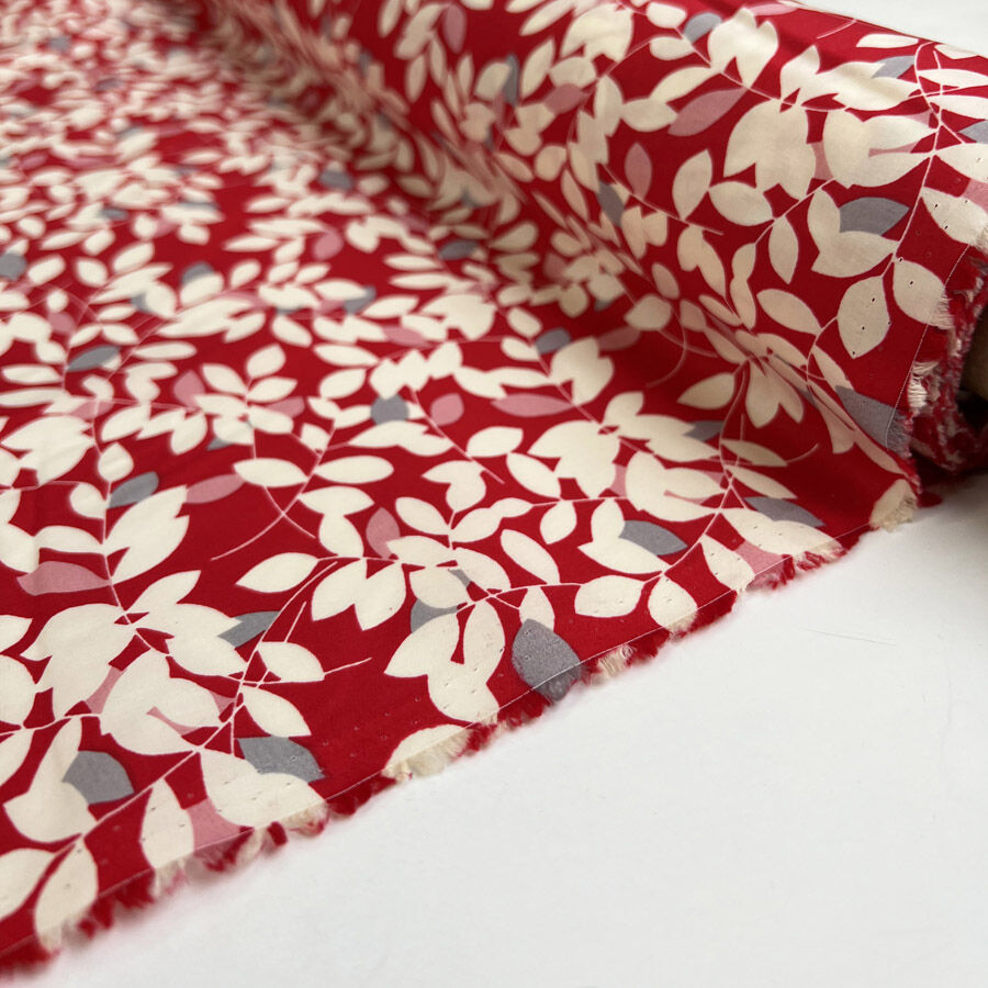 Pima Cotton Lawn Tayla Red White Leaf Print Dress Fabric Roll