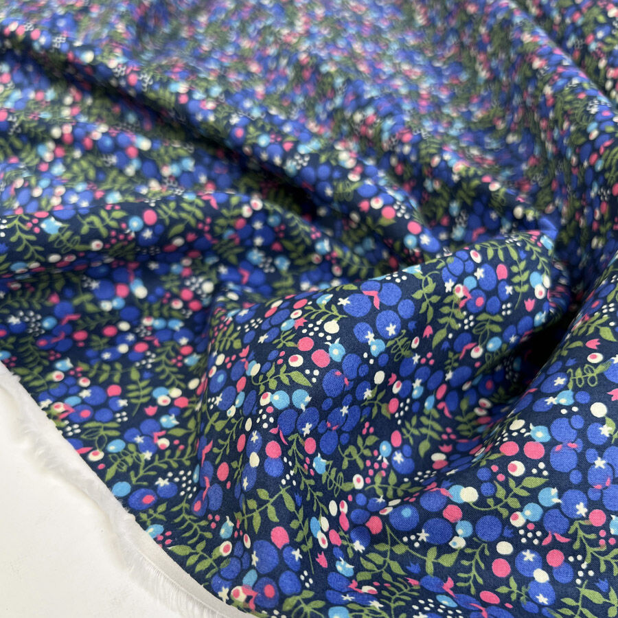 Pima Cotton Lawn Violet Vine Navy Purple Berry Print Dress Fabric