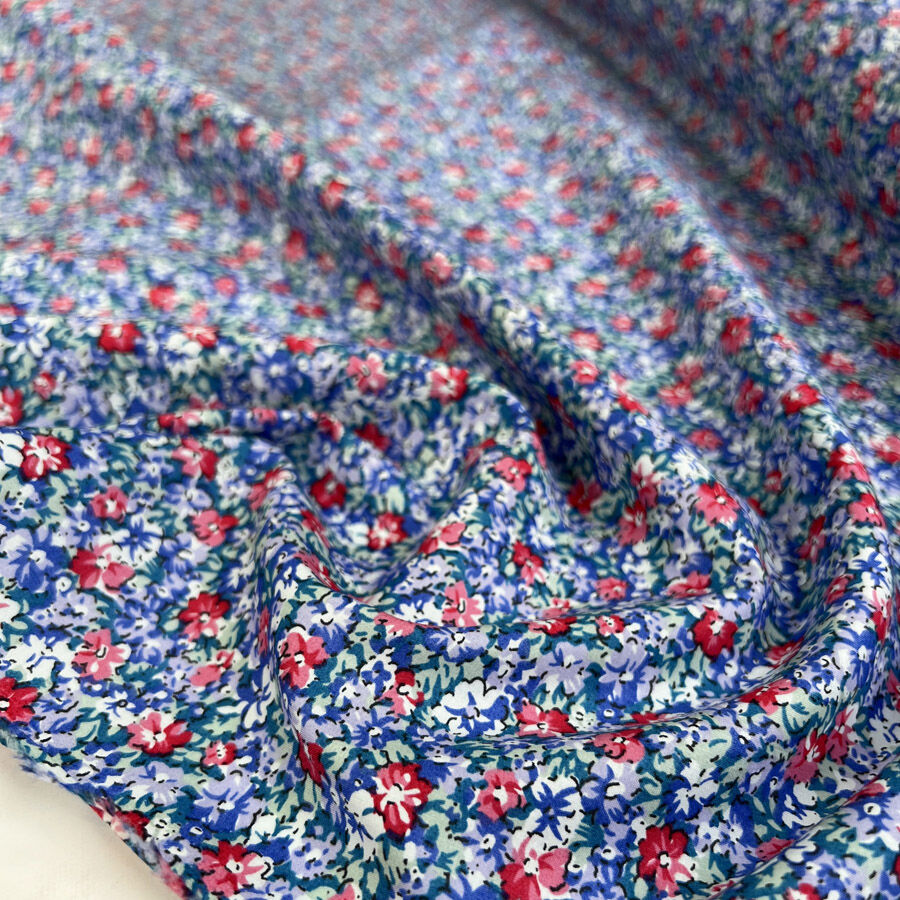 Pima Cotton Lawn Zinnia Blue Pink Floral Print Dress Fabric