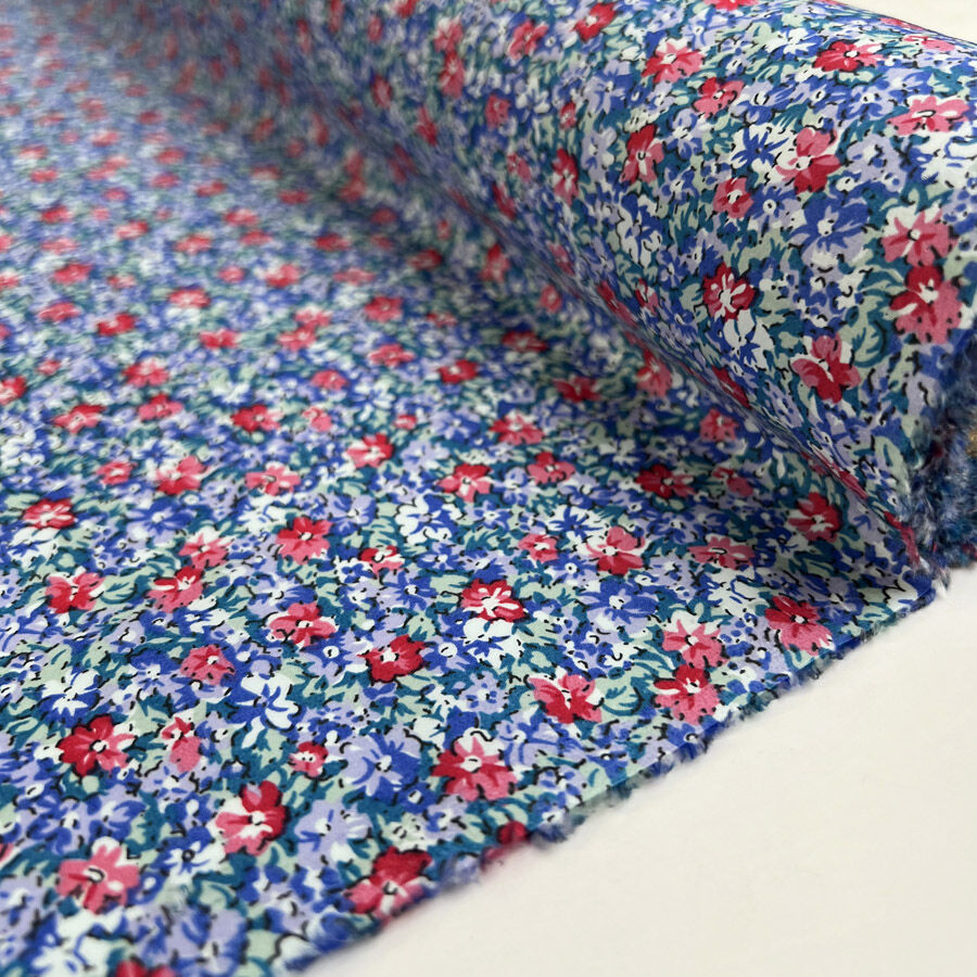 Pima Cotton Lawn Zinnia Blue Pink Floral Print Dress Fabric Roll