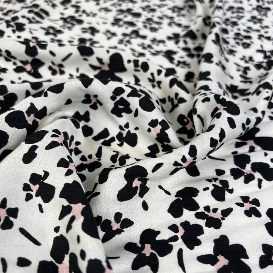 Pinky Cream Black Pink Floral Print Viscose Dress Fabric