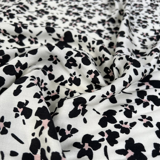 Pinky Cream Black Pink Floral Print Viscose Dress Fabric