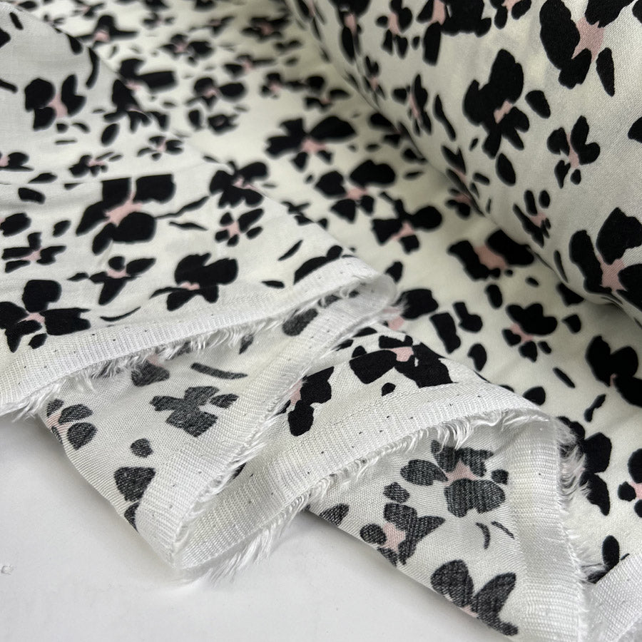 Pinky Cream Black Pink Floral Print Viscose Dress Fabric Fold