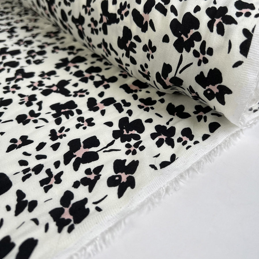 Pinky Cream Black Pink Floral Print Viscose Dress Fabric Roll