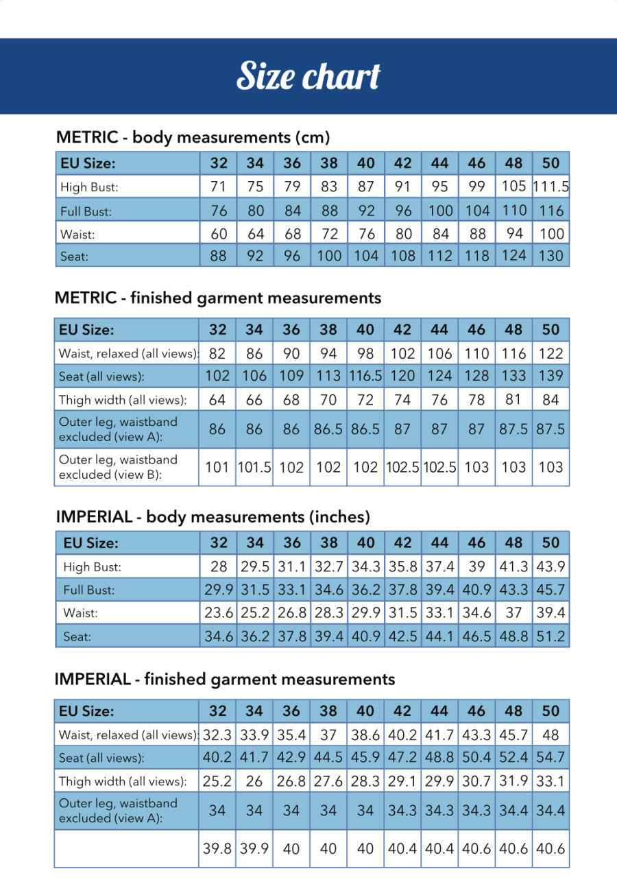 Ploen Patterns Tyra Trousers Pattern Size Chart