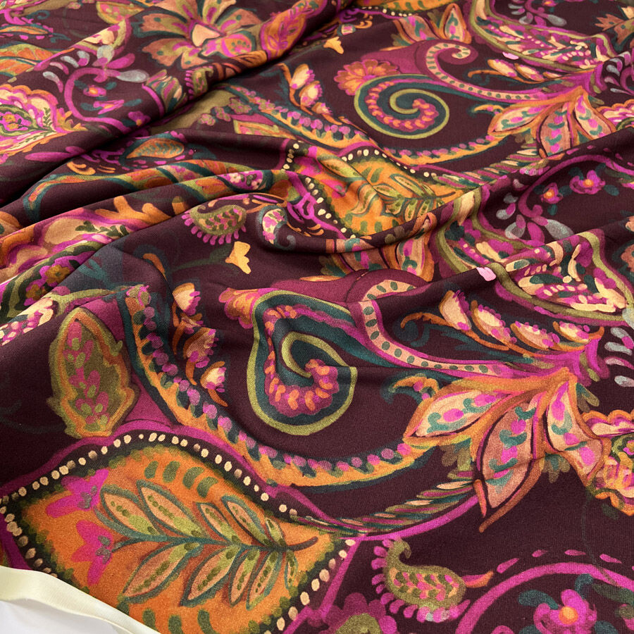 Plum Florenza Italian Purple Ex Designer Large Print Paisley Floral Leaf Deadstock Viscose Satin Dress Fabric