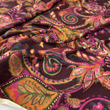 Plum Florenza Italian Purple Ex Designer Large Print Paisley Floral Leaf Deadstock Viscose Satin Dress Fabric