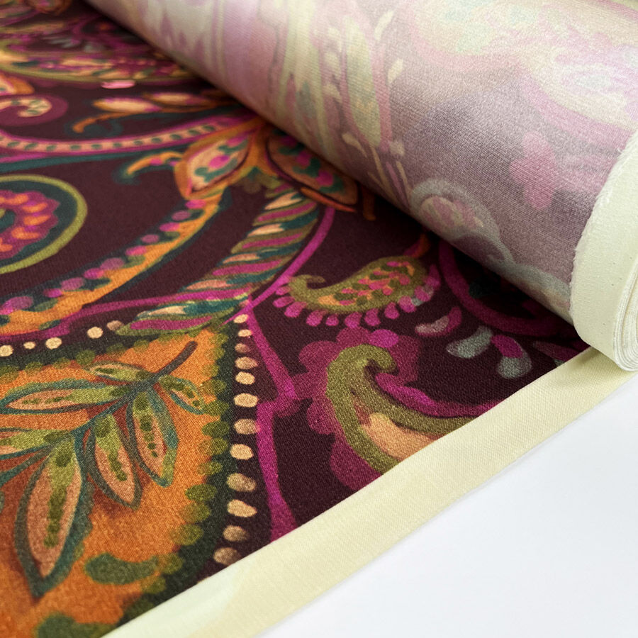Plum Florenza Italian Purple Ex Designer Large Print Paisley Floral Leaf Deadstock Viscose Satin Dress Fabric Roll