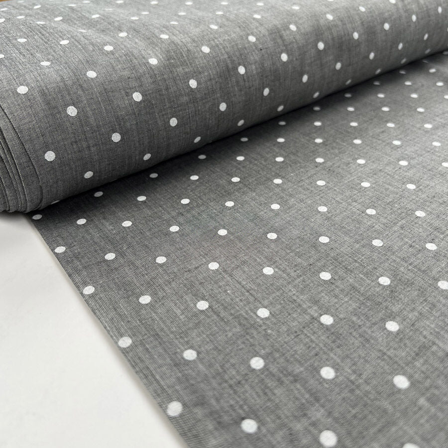 Polka Lawn Grey White Cotton Silver Woven Dress Fabric Bolt