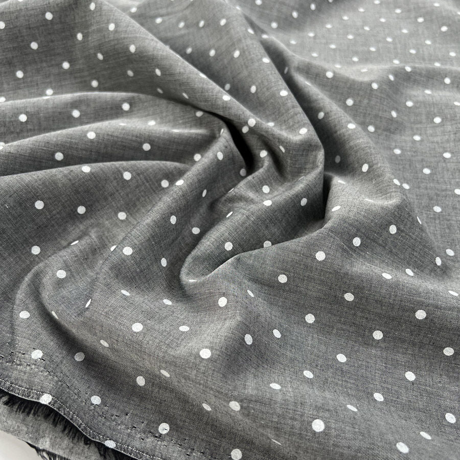 Polka Lawn Grey White Cotton Silver Woven Dress Fabric