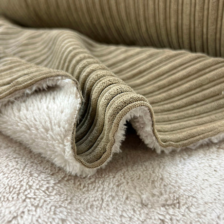 Polyester Corduroy Fleece Fabric Fur Lined Cord Beige