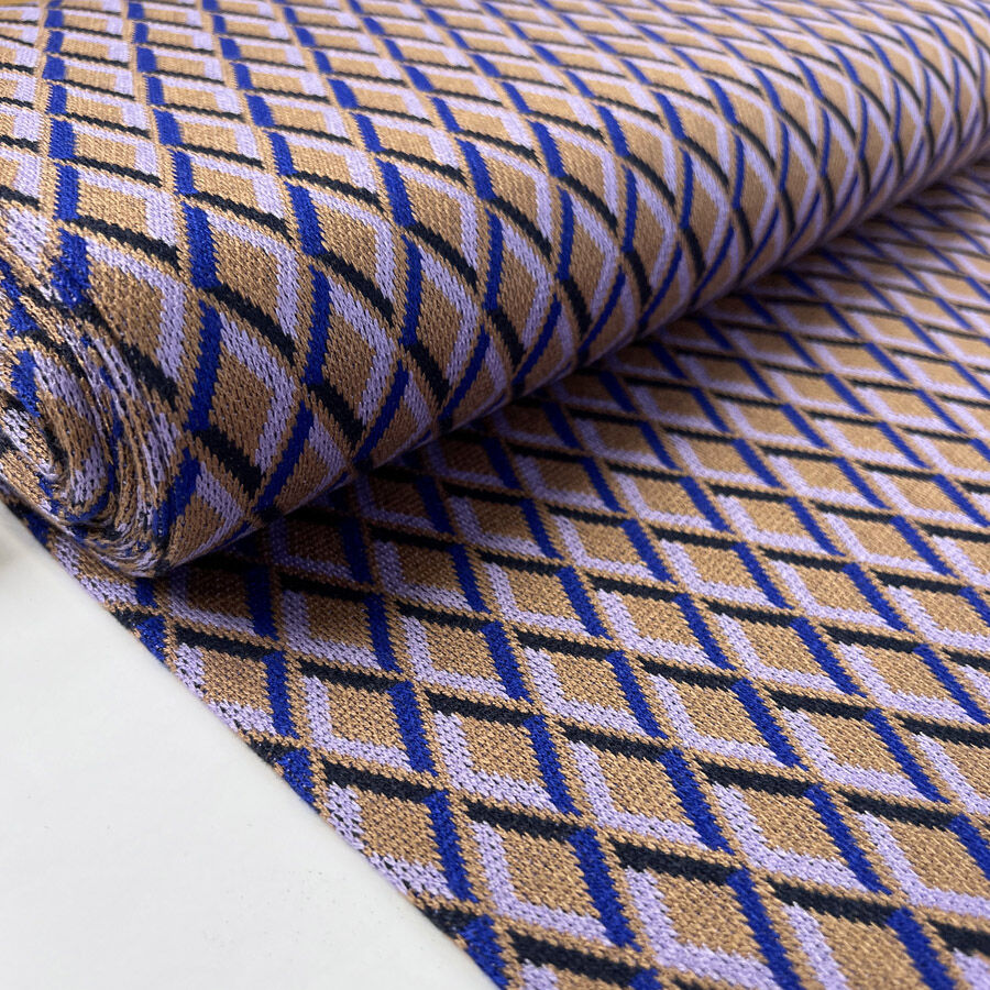 Ponte Roma Jacquard Caro Viscose Polyester Polyamide Purple Blue Diamond Knit Fabric Bolt