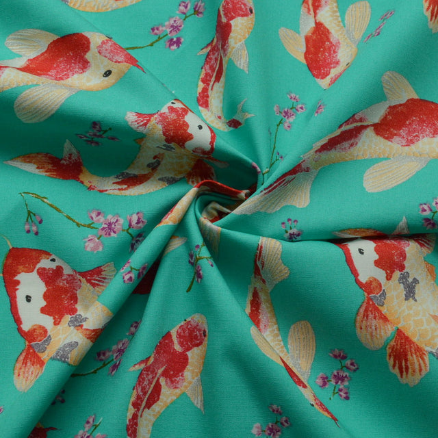 Poplin Print Carpe Diem Koi Carp Fish Print Aqua Cotton Dress And Craft Fabric Cu D