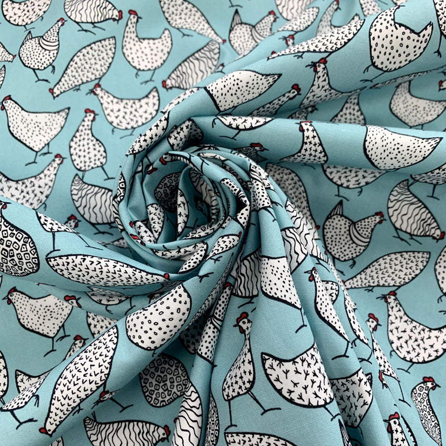 Poplin Print Chicken Turquoise Cotton Floral Dress Fabrics Cud