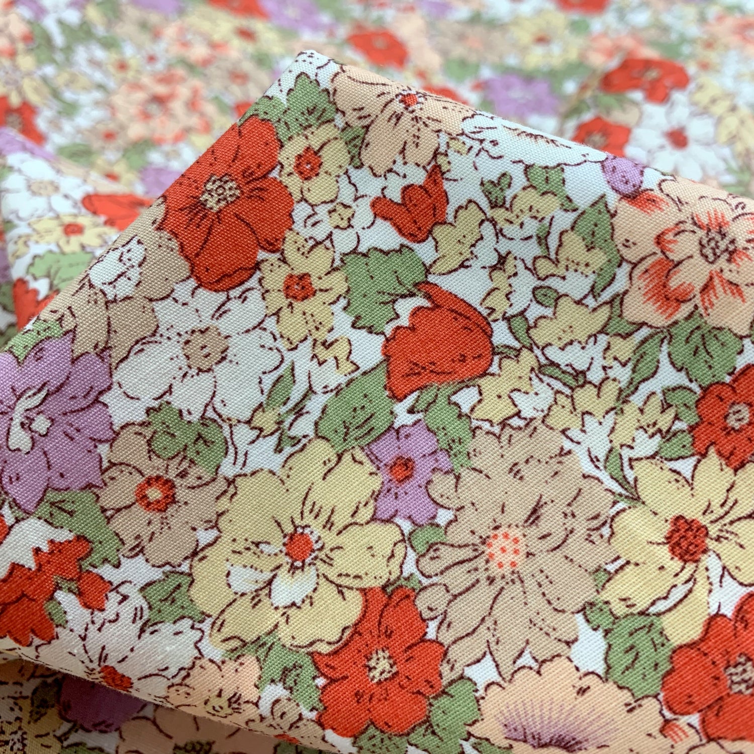 Poplin Print Country Garden Coral Cotton Floral Dress Fabric Cu