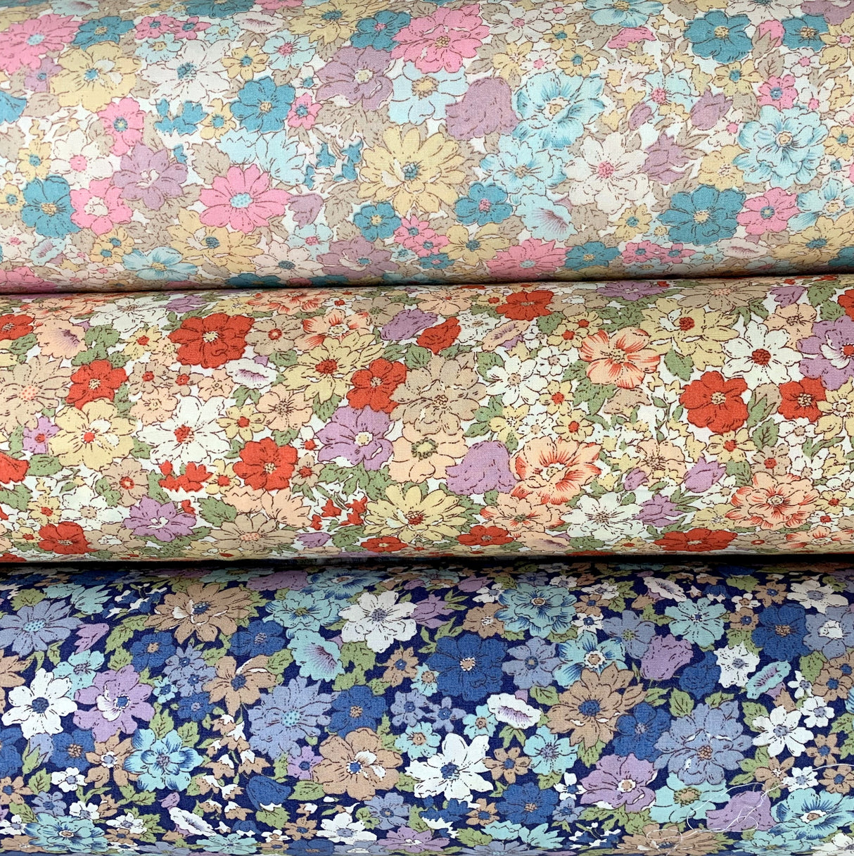 Poplin Print Country Garden Pink Coral Navy Cotton Floral Dress Fabric Group